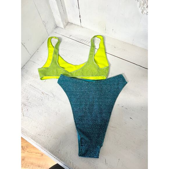 Oséree Lumiere 90's Sporty Two Piece Bikini Set Lime & Ocean Blue Women's Size S - Picture 7 of 7